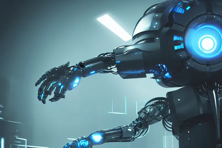 Image similar to cyberpunk alien concept inspired robot, futuristic look, highly detailed body, very powerful, photorealistic camera shot, bright studio setting, studio lighting, crisp quality and light reflections, unreal engine 5 quality render