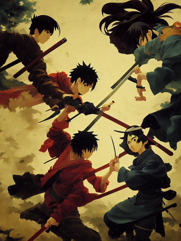 Image similar to baroque oil painting of key visual ninja duel, rain, rule of thirds golden ratio, fake detail, trending pixiv fanbox, acrylic palette knife, style of makoto shinkai ghibli takashi takeuchi yoshiyuki sadamoto jamie wyeth james gilleard greg rutkowski chiho aoshima