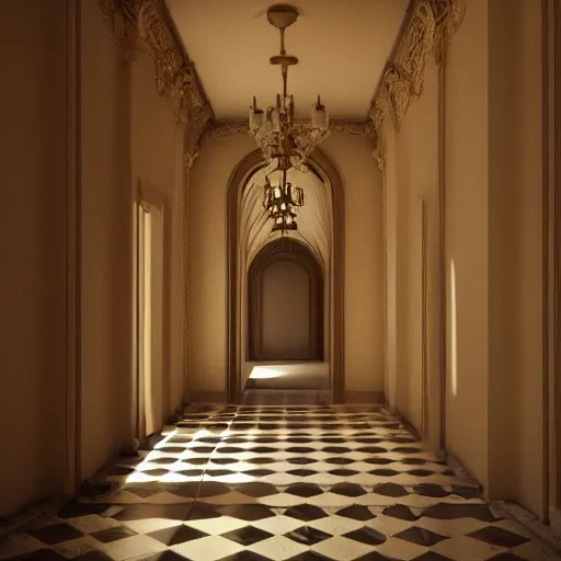 Image similar to small dark corridor that leads to a majestic beautiful palace, natural light with shadows, octane rendered,