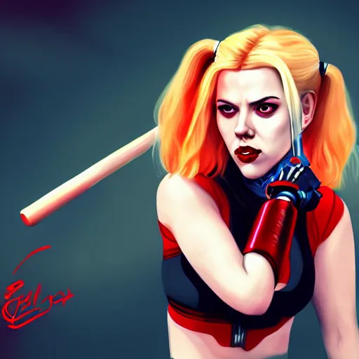 Image similar to Scarlett Johansson as Harley Quinn, holding bat, digital, artstation