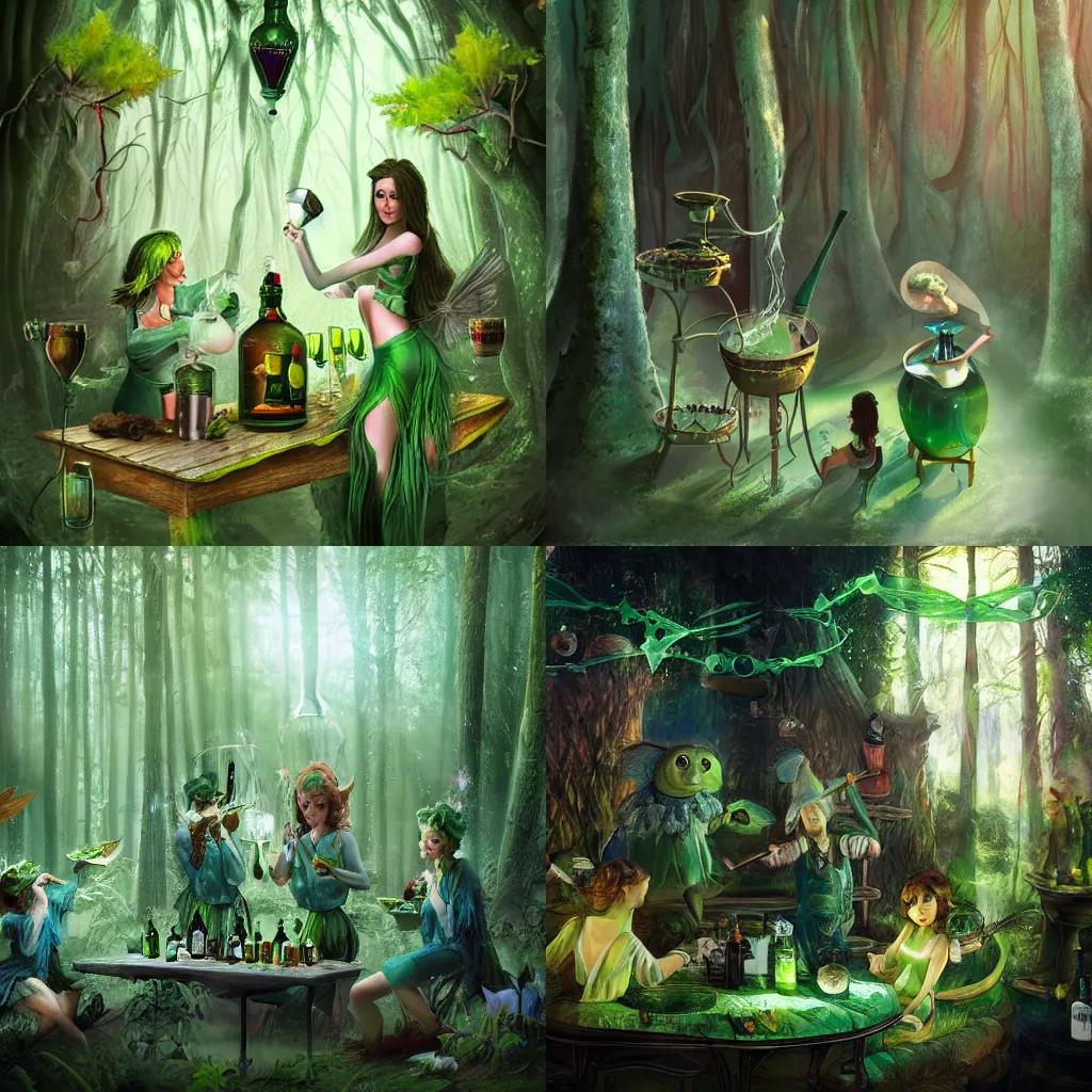 Prompt: little green fairies making absinthe in a mystical forest distillery, trending on artstation, cgsociety, colorful, magical
