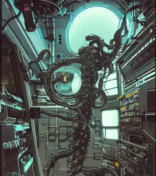 Image similar to a cybernetic realistic octopus in a space station, techwear, Industrial Scifi, detailed illustration, character portrait, by Martin Grip and Moebius