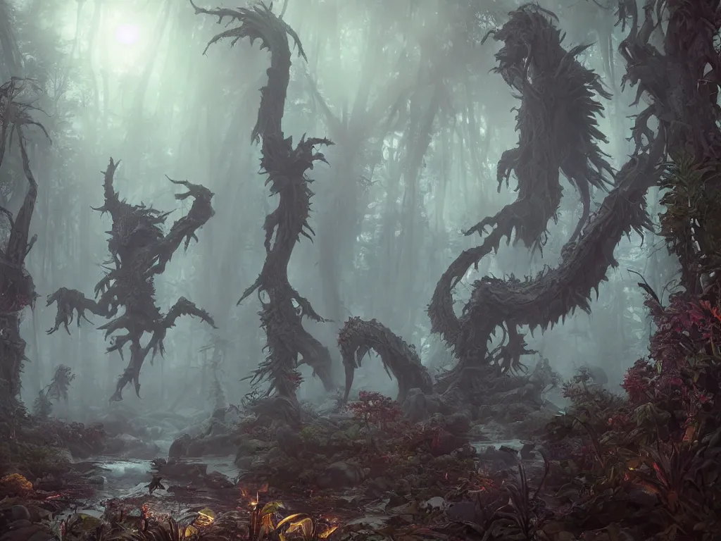 Prompt: scary mystycal monster with many limbs with elemental magic hunting in foggy river. vaporwave, unreal engine 5, art by artgerm and greg rutkowski and alphonse mucha, hdr global illumination, detailed and intricate environment. hyperrealistic, volumetric lighting. epic cinematic shot, perfectly defined features, ambient occlusion
