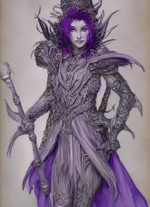 Prompt: portrait of young female prophetess of the endtimes, transluscent skin, silver filigreed armor, lavender hair, beautiful! coherent! dungeons and dragons character, by brian froud, strong line, cool night color, high contrast