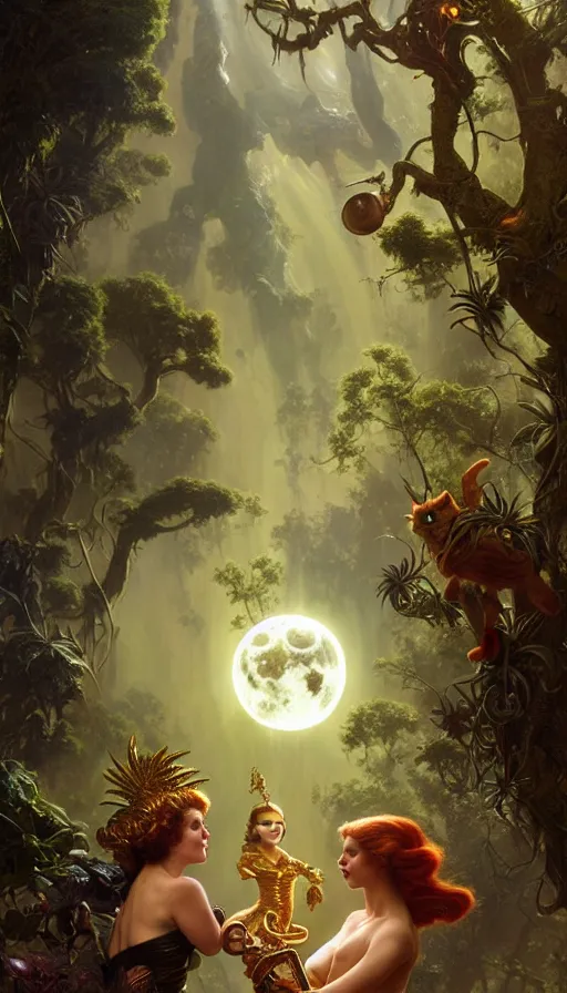 Image similar to hyper realistic aliens battling a golden goddess, lush plants, kittens, full moon, light rays, gnarly trees by tom bagshaw, mucha, gaston bussiere, craig mullins, j. c. leyendecker 8 k