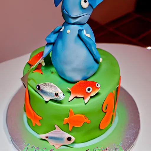 Prompt: fish themed birthday cake, food photography, michelin star,