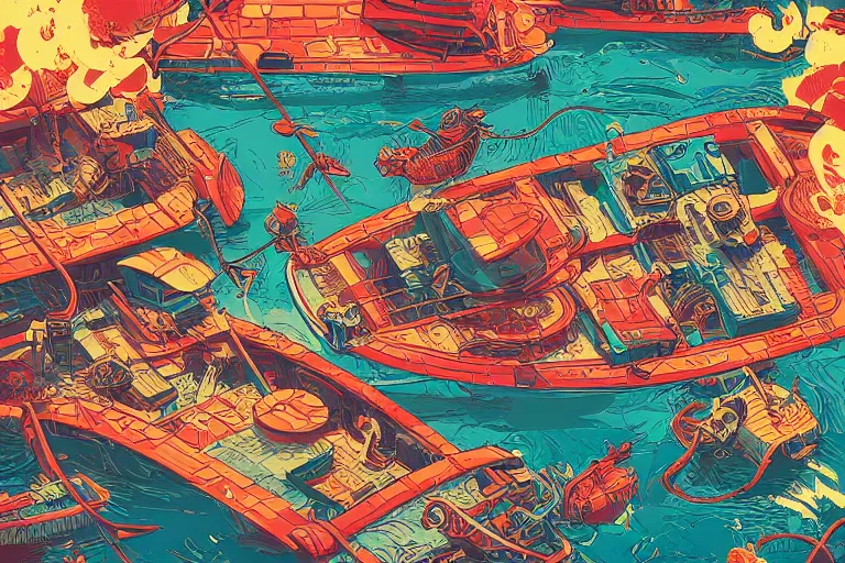 Prompt: highly detailed vibrant delirium boat fight water arena by petros afshar, tom whalen, laurie greasley, war face by greg rutkowski