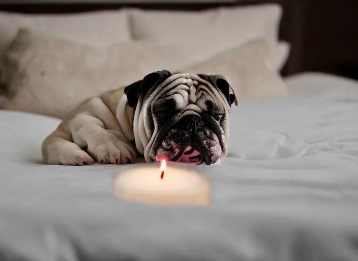 Prompt: a closeup, 4 5 mm, portrait of a sleeping english bulldog in a bed, on a pillow, candle light, 4 5 mm, by franz lanting