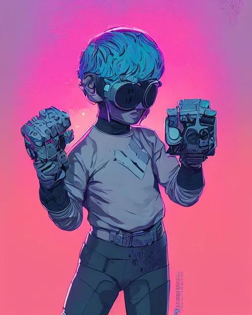 Image similar to a tiny kid with a huge power glove, bust shot, smooth, intricate, elegant, power aura, digital painting, artstation, concept art, sharp focus, illustration, art by josan gonzalez, high contrast