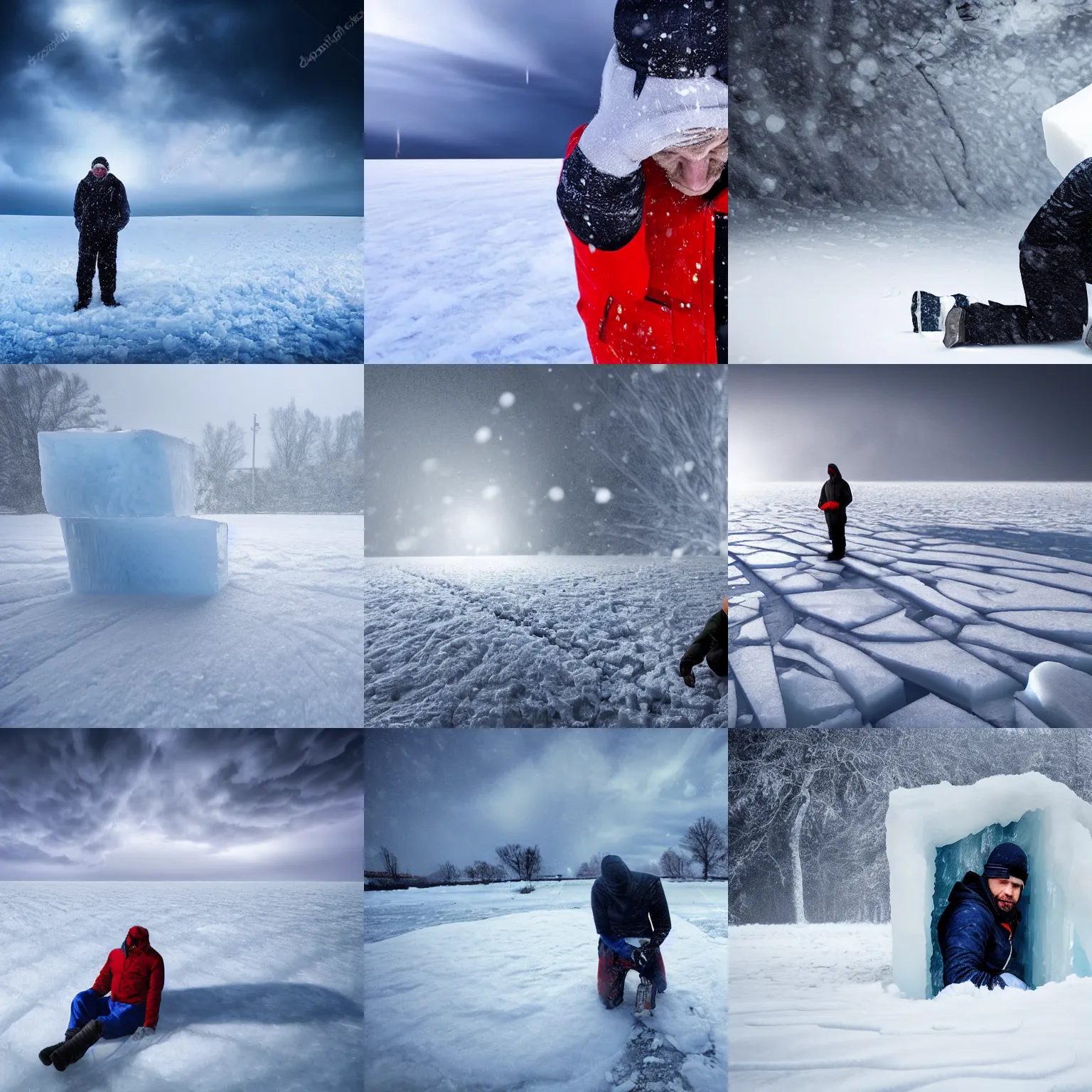 Prompt: man trapped in a block of ice during a winter storm, snowy landscape, hd detailed