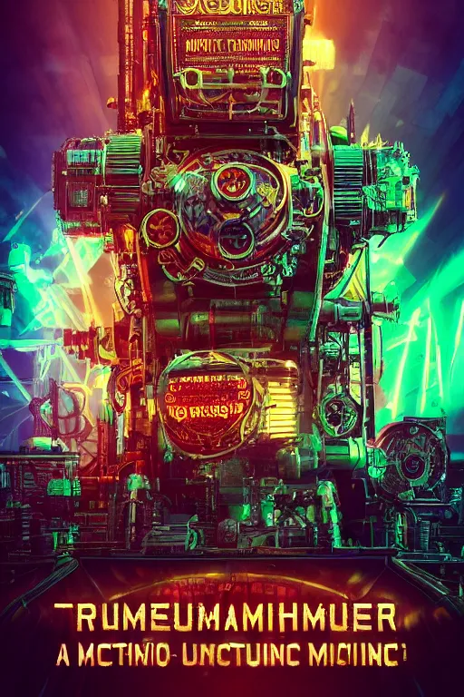 Image similar to a movie poster, name tripmachine, photo of a huge futuristic steampunk generator inside a steampunk machinery, 8 k, fluorescent colors, halluzinogenic, multicolored, exaggerated detailed, 3 d render, octane