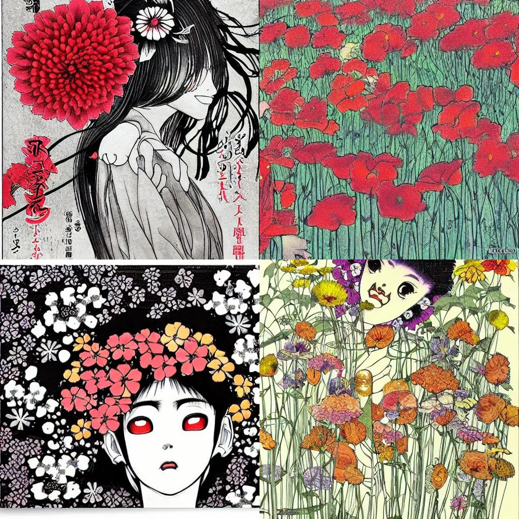 Prompt: flowers by Ito Junji, manga