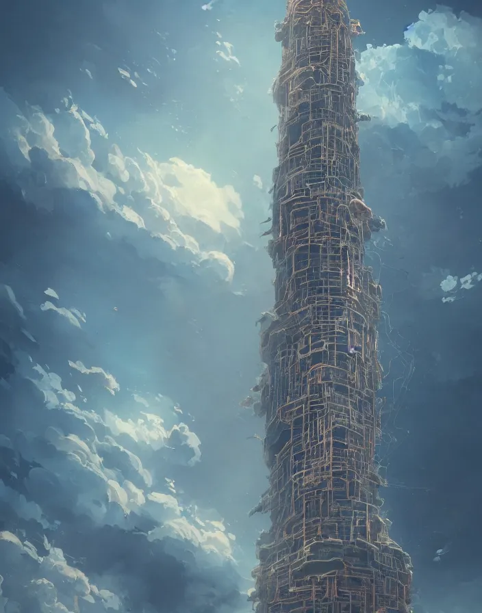 Image similar to painting of a tall tower that reaches beyond the clouds, intricate abstract. delicate artwork. by Tooth Wu, wlop, beeple, dan mumford. octane render, trending on artstation, greg rutkowski very coherent symmetrical artwork. cinematic, hyper realism, high detail, octane render, 8k, depth of field, bokeh. chrome accents.