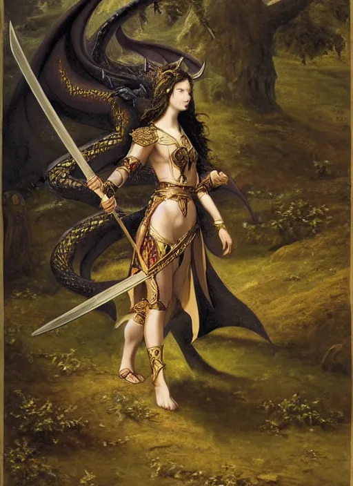 Image similar to woman in dark princess dragon armor, she is holding a katana sword, walking on the mystical ancient ruins. by william henry hunt