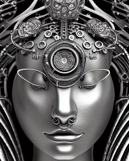 Image similar to mythical black and white organic bio-mechanical spinal ribbed profile face portrait detail of silver mechanical beautiful female angelic-queen-vegetal-cyborg, highly detailed, intricate steampunk flower and diamonds and gemstones ornate, poetic, 3D render, digital art, octane render, 8K artistic photography, photo-realistic, by Dora Maar