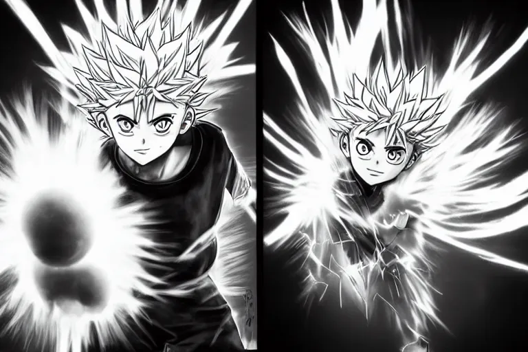 Image similar to killua lightning speed photography by david yarrow anime concept art jojo's bizarre adventure hirohito araki hyperrealistic live action raytracing