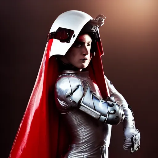 Image similar to a young female soldier wearing bloodstained glossy sleek white dinged scuffed armor and a long torn red cape, heroic posture, determined expression, elegant, no helmet, on the surface of mars, dramatic lighting, cinematic, sci-fi, hyperrealistic, detailed