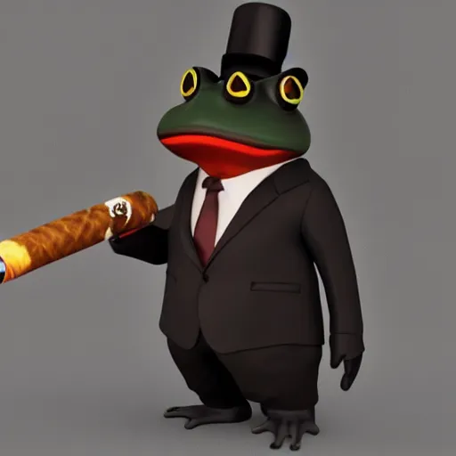 Image similar to a high quality photo of an antropomorphic frog wearing a suit smoking a cigar, 3d scene, render, ultra realistic, artstation, cgsociety