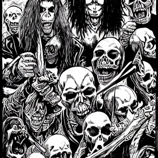 Prompt: precisely drawn illustration of black metal skull club, wide angle, sharp, fine details, french comic style, vibrant realistic colors, full color, heroic fantasy, intense line art, 8 k, precise linework, realistic, in the style of heavy metal comics and richard corben and moebius