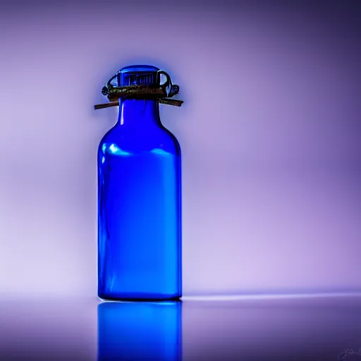 Prompt: blue flame captured in a bottle, 4 k, photography, highly detailed