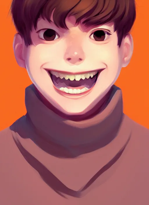 Prompt: young man with a big smile, prominent big eyes, round portruding chin, plump lips, brown flowers, standout colours, sharp, highly detailed, simple lines, digital painting, artstation, concept art, matte, sharp focus, illustration, anime moe artstyle