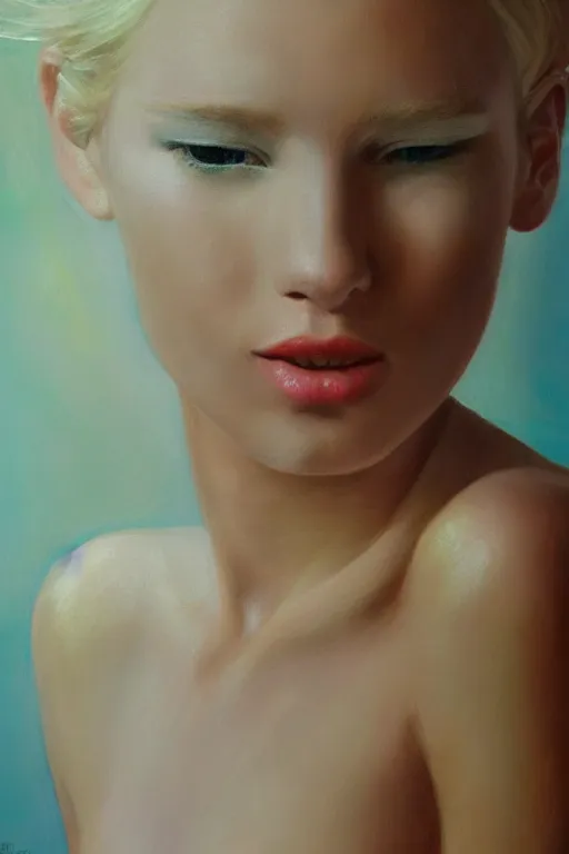 Prompt: hyperrealism oil painting, close - up portrait of blonde fashion model with pale skin in soft light, classicism style, space galaxy background