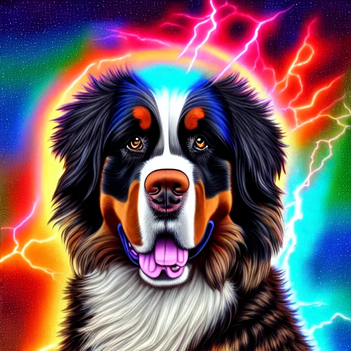 Prompt: an anthropomorphic male bernese mountain dog ( wearing a toga ), shooting lightning bolts, by alex grey, intricate details, artstation, furry, psychedelic, hd, beautiful