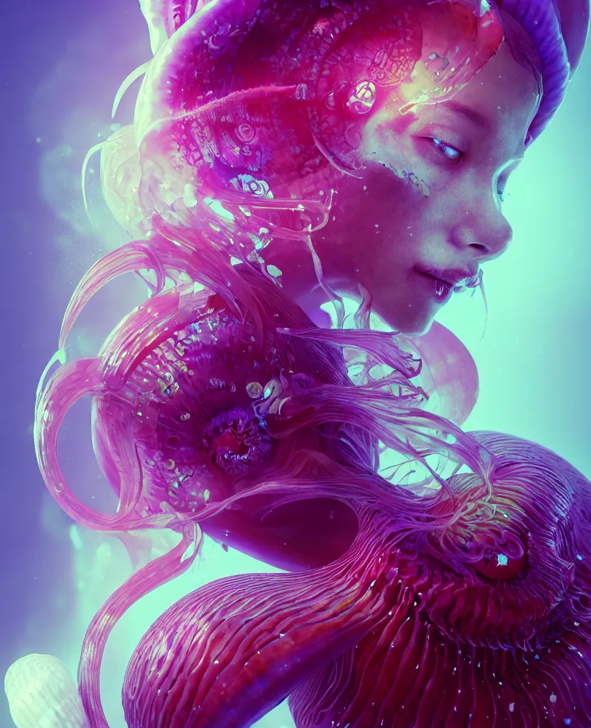 Image similar to goddess close-up portrait. orchid jellyfish phoenix head, nautilus, skull, betta fish, bioluminiscent creatures, intricate artwork by Tooth Wu and wlop and beeple. octane render, trending on artstation, greg rutkowski very coherent symmetrical artwork. cinematic, hyper realism, high detail, octane render, 8k