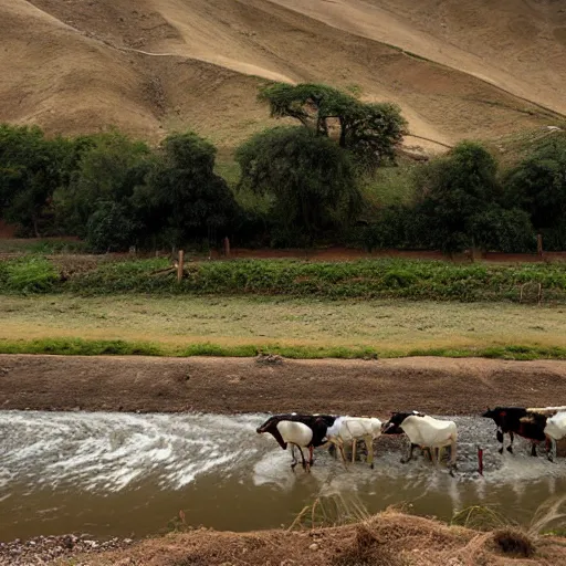 Image similar to landscape, river made of karak, with cows grazing