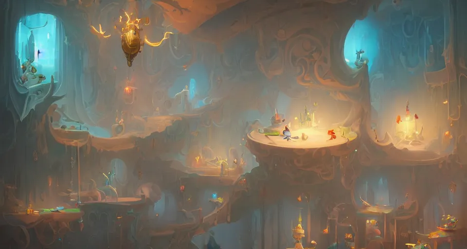 Prompt: a room built entirely out of white teacups by peter mohrbacher, vivid colors, matte painting, 8K, concept art, mystical color scheme, trending on artstation