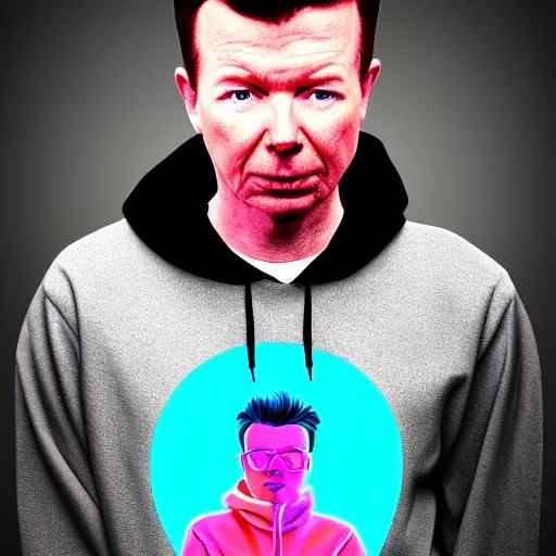 Image similar to vector rick astley in hoodie, portrait, vaporwave, synthwave, neon, vector graphics, cinematic, volumetric lighting, f 8 aperture, cinematic eastman 5 3 8 4 film