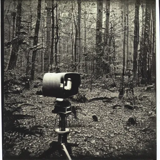 Image similar to old polaroid depicting a small intricate metallic alien probe, standing in a forest clearing