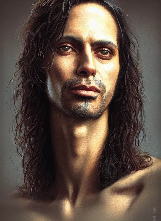 Prompt: a detailed painted portrait of an 9 0's era rock musician by artist hadi karimi, wlop, artgerm, greg rutkowski, smirk expression, dramatic lowkey studio lighting, accurate skin textures, hyperrealism, aesthetically pleasing and harmonious vintage colors