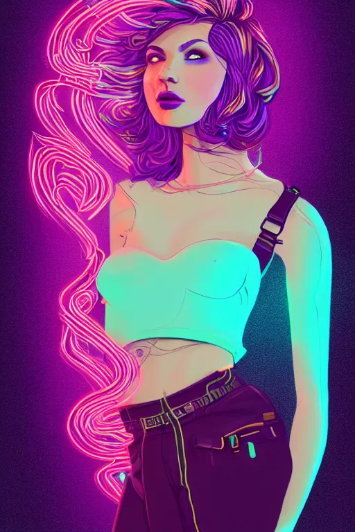 Image similar to a award winning half body portrait of a beautiful woman with stunning eyes in a croptop and cargo pants with ombre purple pink teal hairstyle and hands in pockets by thomas danthony, surrounded by whirling illuminated lines, outrun, vaporware, shaded flat illustration, digital art, trending on artstation, highly detailed, fine detail, intricate