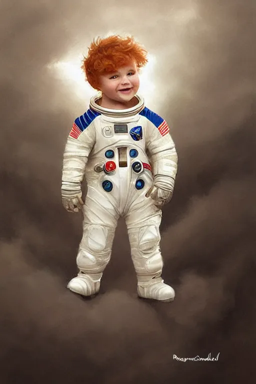 Image similar to a little boy with a cherubic michievous face and ginger hair. he is an astronaut, wearing a space suit. clean elegant painting, beautiful detailed face. by raymond swanland and artgerm and greg rutkowski