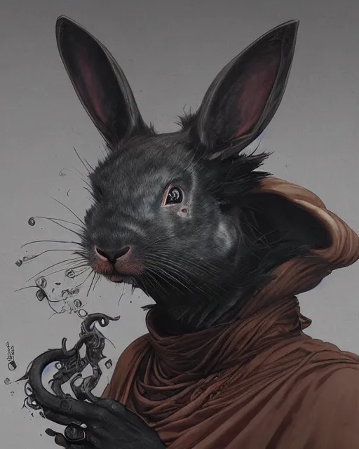 Image similar to Anthropomorphized black rabbit monk, portrait, Path of Exile, Diablo, Warhammer, digital painting, highly detailed, concept art, Nekro, Peter Mohrbacher, Alphonse Mucha, Brian Froud, Yoshitaka Amano, Kim Keever, Victo Ngai, James Jean