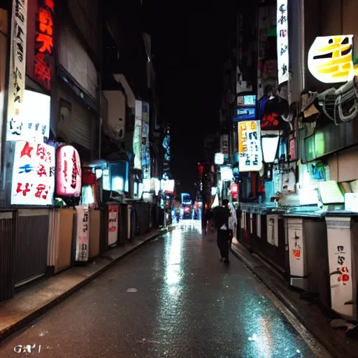 Prompt: back alleys of shibuya at 3 am. lots of creepy characters around and drunk salary men