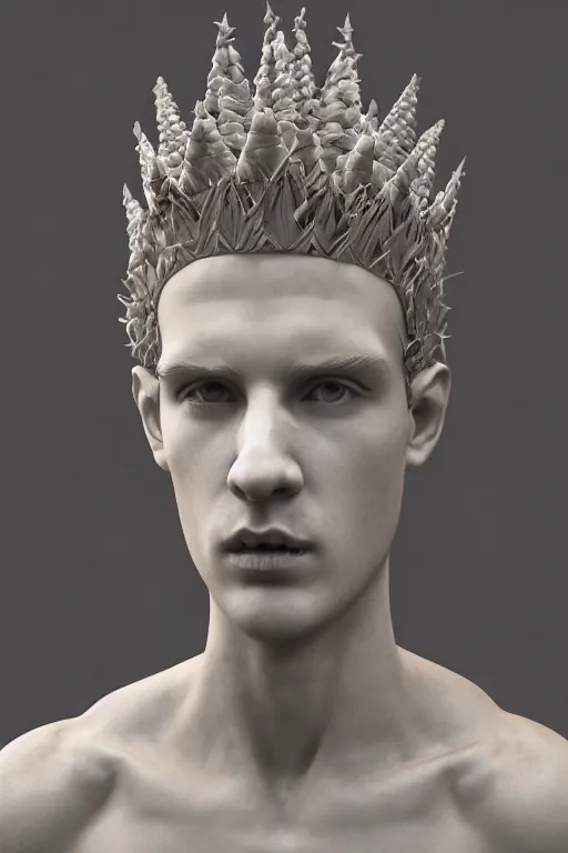 Image similar to full marble baroque style sculpture of handsome young seductive Spanish prince with a spiky hair, wearing a crown made out of woven pipe cleaners, background floating in outer space, photorealism, octane render, artgem, Trending on artstation