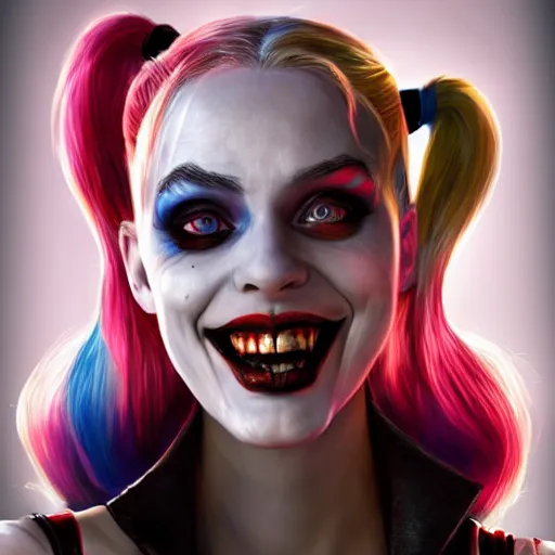 Prompt: Harley Quinn from the suicide squad, slim, smiling, portrait, fantasy, medieval, beautiful face, vivid colrs, elegant, concept art, sharp focus, digital art, Hyper-realistic, 4K, Unreal Engine, Highly Detailed, HD, Dramatic Lighting by Brom, trending on Artstation