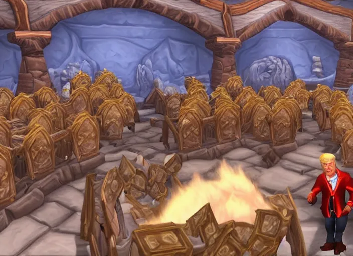 Prompt: donald trump at the auction house in ironforge world of warcraft