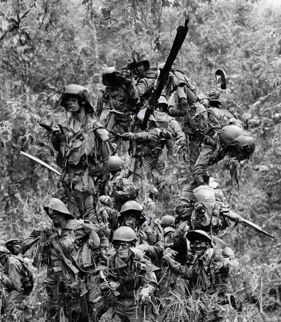 Image similar to vietnam war helicopter soldiers rain jungle in the style of frank miller