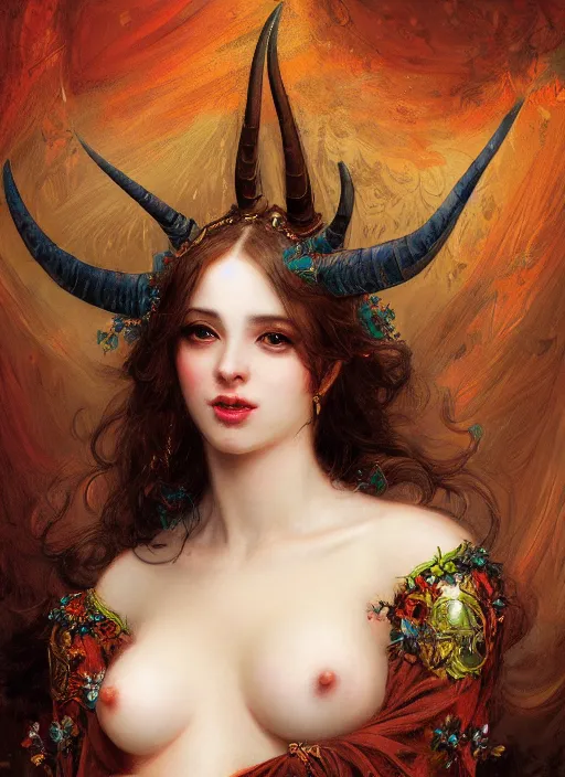 Prompt: formal portrait of horned succubus, digital art by eugene de blaas, ross tran, and nasreddine dinet, vibrant color scheme, intricately detailed, in the style of romanticism, cinematic, artstation, greg rutkowski