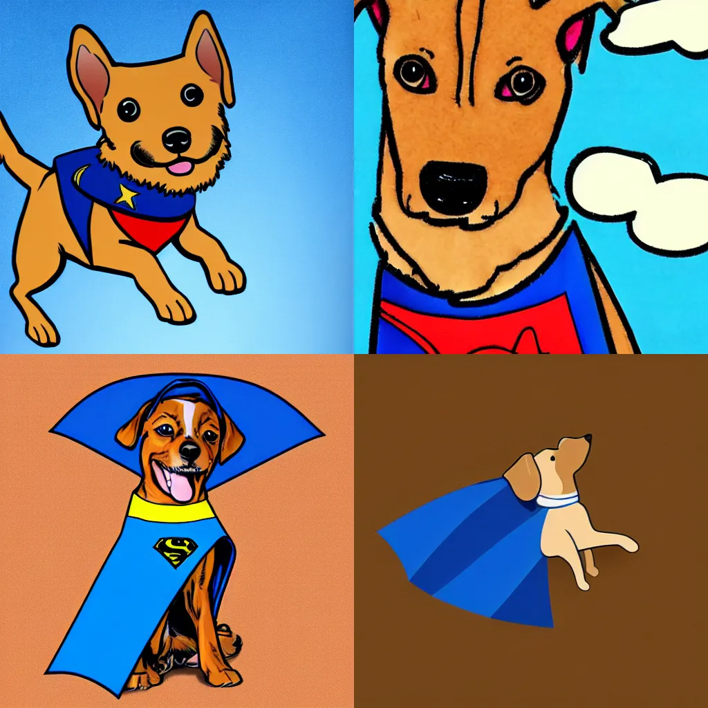 Prompt: light brown female dog wearing a blue superhero cape, she's flying through the sky. Comic strip colorful style.