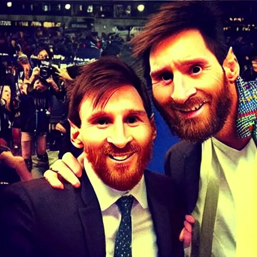 Prompt: just took a photo with a Lionel Messi, viral photo, instagram photo, the camera flash is bright in his face,