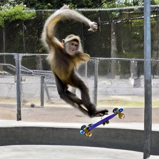 Prompt: a monkey jumping with a skateboard in a skatepark