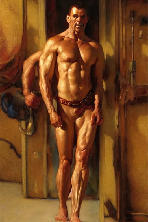 Image similar to muscular sweaty doctor, hospital painting by gaston bussiere, craig mullins, j. c. leyendecker, tom of finland