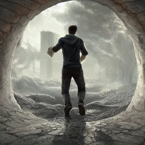 Image similar to a man walking into the portal, concept art, illustration, highly detailed, artwork, cinematic, hyper realistic, art station