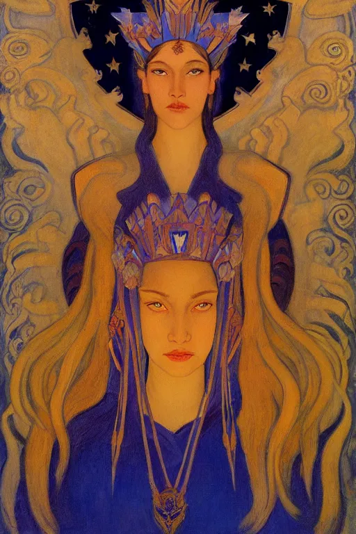 Image similar to queen of twilight with stars in her hair by Nicholas Roerich and Annie Swynnerton and Diego Rivera and jean delville, dramatic cinematic lighting , ornate headdress , flowing robes, sacred artifacts, lost civilizations, smooth, sharp focus, extremely detailed