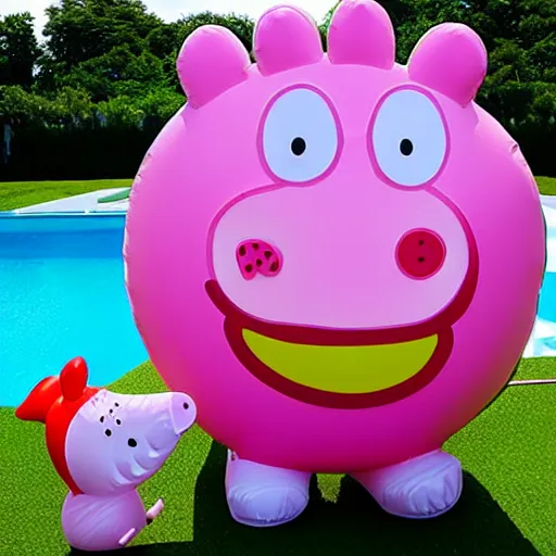 Image similar to an inflatable float of Peppa Pig in the centre of a luxury hotel swimming pool