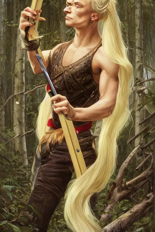 Prompt: beautiful cottagecore jean claude van dam holding nunchuks, blonde Hair, dark forest, intricate, elegant, highly detailed, digital painting, artstation, concept art, smooth, sharp, focus, illustration, art by artgerm and greg rutkowski and alphonse mucha